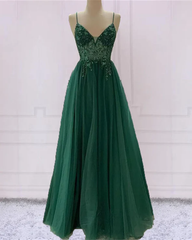 Corset Prom Dresses, Emerald Green Tulle Prom Dress Beaded V Neck