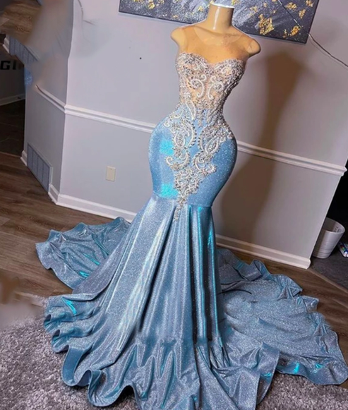 Formal Dresses Pink, light blue prom dresses, crystal sequins evening gowns, mermaid prom dress