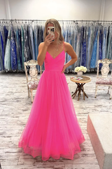 V Neck Hot Pink Tulle Long Prom Dresses, Hot Pink Tulle Long Formal Evening Dresses