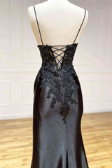 Bridesmaid Dress Color Schemes, Black Long Appliques Prom Dress with Spaghetti Straps