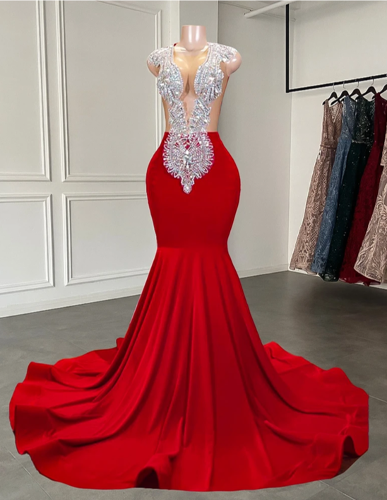Formal Dresses Truworths, Elegant Sheer Scoop Neckline Luxury Sparkly Silver Handmade Diamond Red Spandex Black Girl Mermaid Long Prom Dresses