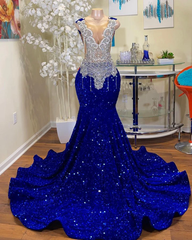 Formal Dress Fashion, Mermaid Style Royal Blue Long Prom Dresses,Luxury Sparkly Crystals Diamond Black Girls