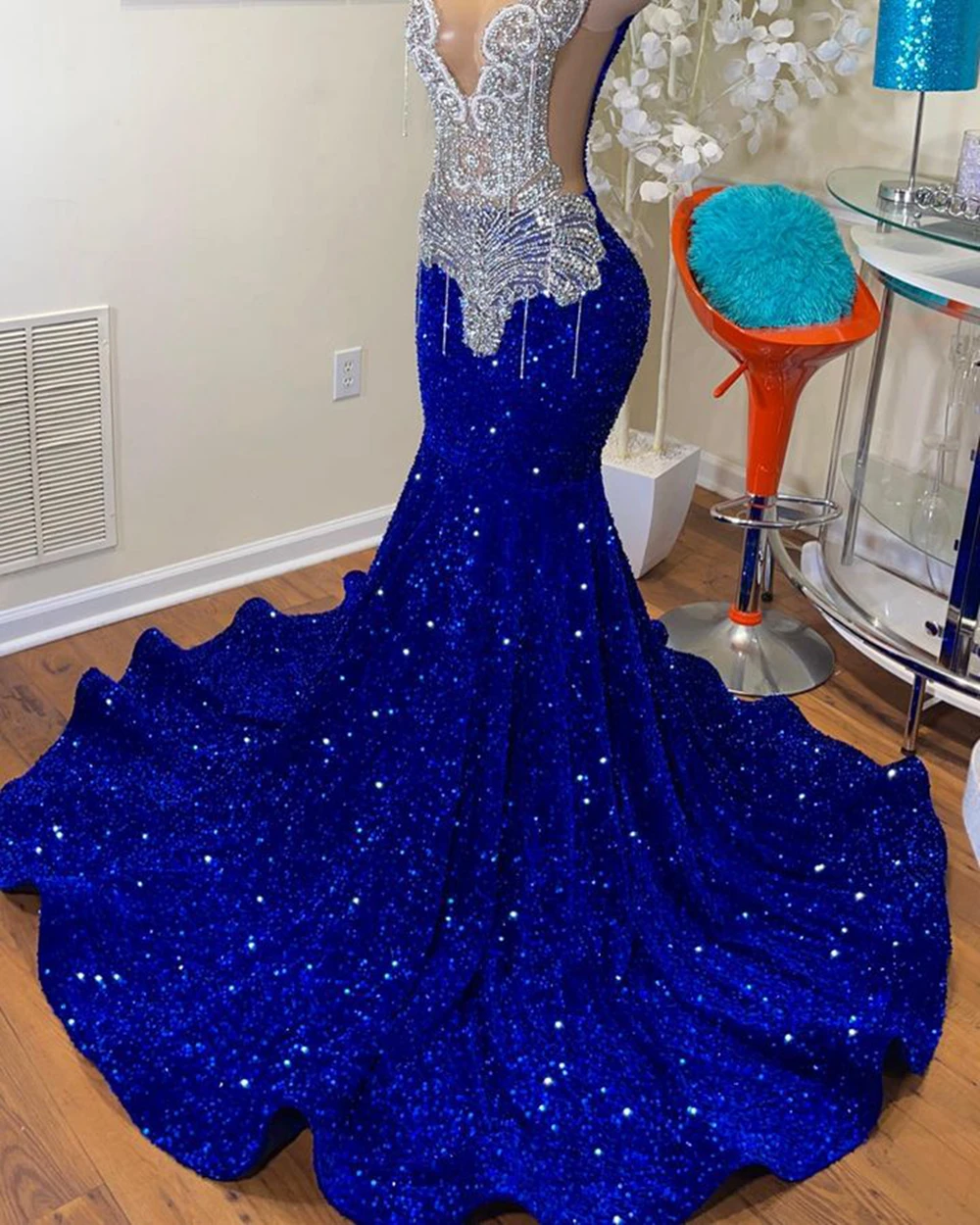 Formal Dress Elegant, Mermaid Style Royal Blue Long Prom Dresses,Luxury Sparkly Crystals Diamond Black Girls