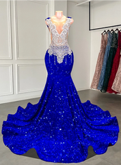 Formal Dresses Fashion, Mermaid Style Royal Blue Long Prom Dresses,Luxury Sparkly Crystals Diamond Black Girls