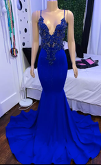 Formal Dresses For Wedding, Mermaid Blue long Prom dress Dresses, Satin Lace Sleeveless prom dress