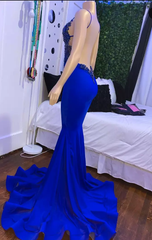 Formal Dress For Wedding, Mermaid Blue long Prom dress Dresses, Satin Lace Sleeveless prom dress