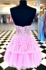 Formal Dress For Wedding Guests, Strapless Sheer Lace Corset Homecoming Dress with Ruffle Tulle Skirt