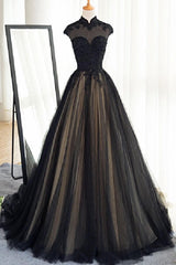 Prom Aesthetic, Black Tulle Cap Sleeves Floor Length Long Prom Dresses, Luxury Dresses
