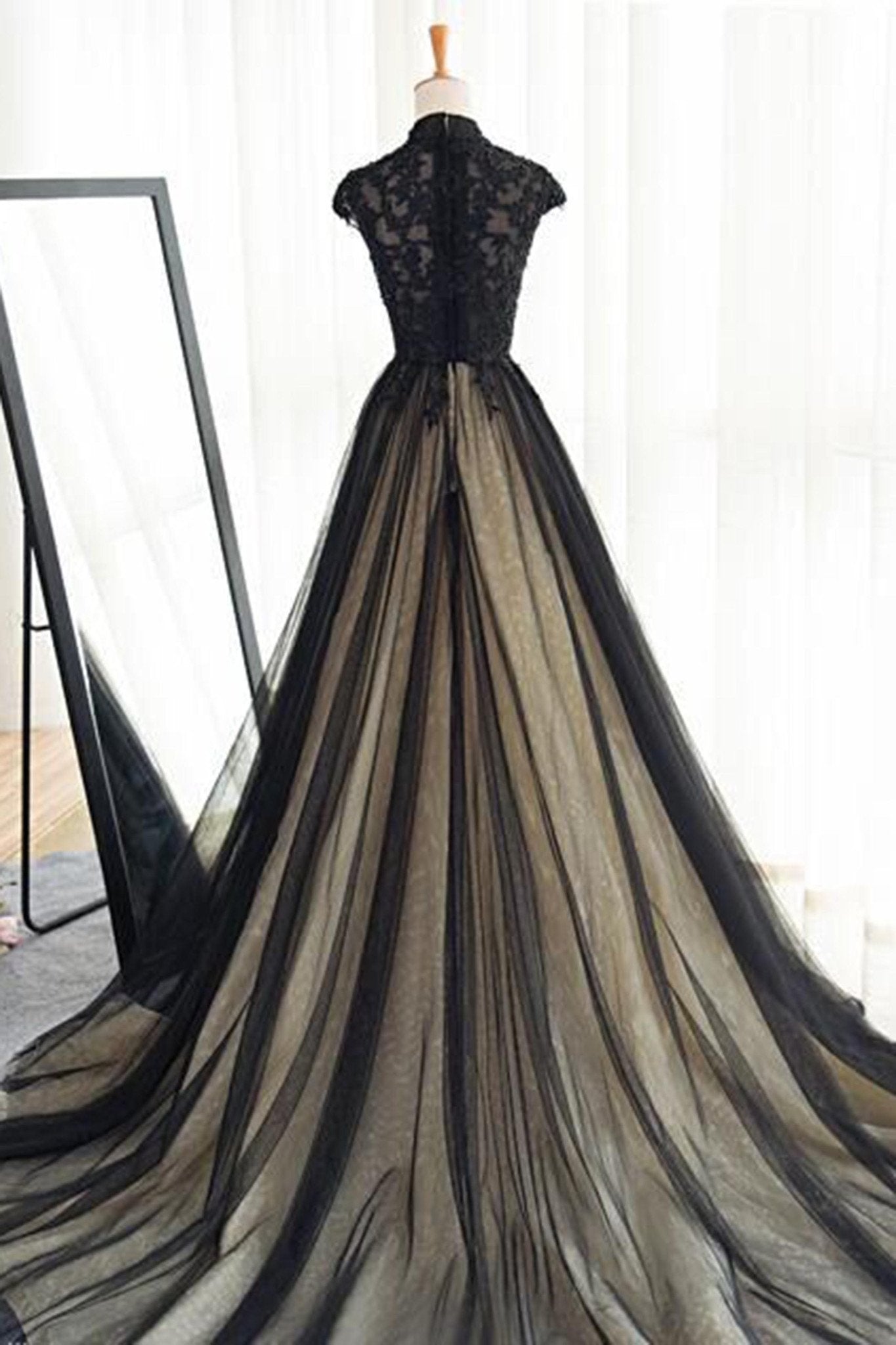 Design Dress Casual, Black Tulle Cap Sleeves Floor Length Long Prom Dresses, Luxury Dresses