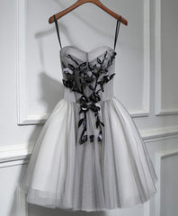 Party Dresses Lace, Gray Tulle Short A Line Prom Dress, Homecoming Dress