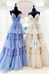Formal Dresses Graduation, Sparkly Spaghetti Straps Tiered Tulle Prom Dress, New Long Party Gown