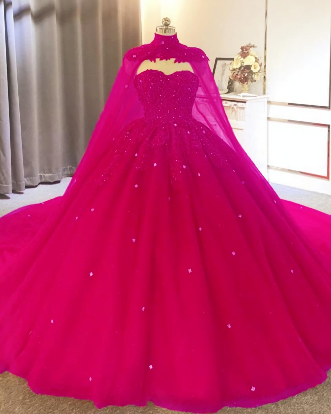 Bridesmaids Dresses Wedding, Tulle Ball Gown Quinceanera Dresses, With Cape