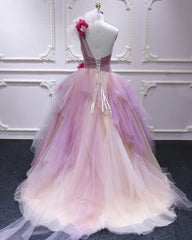 Senior Prom Dress, Puffy One Shoulder Sleeveless Tulle Prom Dress with Flowers, Ruffles Quinceanera Dress