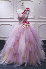 Dress Short, Puffy One Shoulder Sleeveless Tulle Prom Dress with Flowers, Ruffles Quinceanera Dress