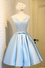 Formal Dress Store, Sky Blue A Line V Neck Short Prom Dresses, Appliques Lace Homecoming Dresses