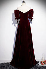 Formal Dresses For Black Tie Wedding, Modest Burgundy Long Prom Dresses with Short Sleeves Vintage Evening Gown