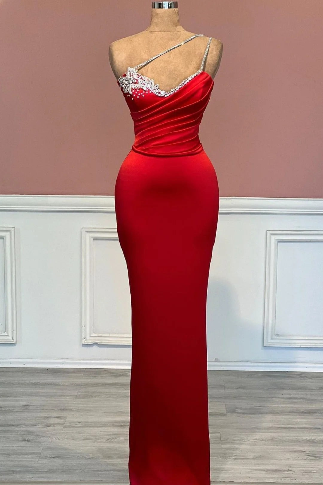 Open Back Prom Dress, Red Long Mermaid One Shoulder Satin Prom Dress With Beadings Sleeveless