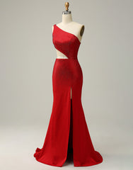 Bridesmaid Dress Beach, Red Mermaid One Shoulder Long Glitter Prom Dress With Split