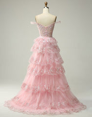 Bridesmaid Dressed Blush, Princess A-Line Off The Shoulder Tiered Prom Dress With Appliques