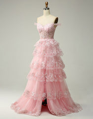 Bridesmaid Dress Blushes, Princess A-Line Off The Shoulder Tiered Prom Dress With Appliques