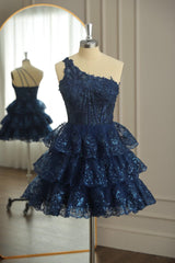 Homecoming Dress Elegant, Dark Navy One Shoulder Appliques Multi-Layers Tulle Homecoming Dress