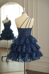Homecoming Dresses Elegant, Dark Navy One Shoulder Appliques Multi-Layers Tulle Homecoming Dress