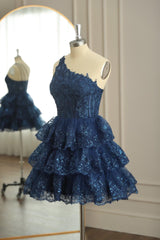 Homecoming Dresses 2037, Dark Navy One Shoulder Appliques Multi-Layers Tulle Homecoming Dress