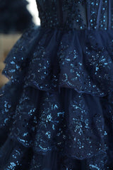 Homecomming Dresses Short, Dark Navy One Shoulder Appliques Multi-Layers Tulle Homecoming Dress