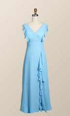 Prom Dresses Tight Fitting, Blue Chiffon Ruffles Long Bridesmaid Dress