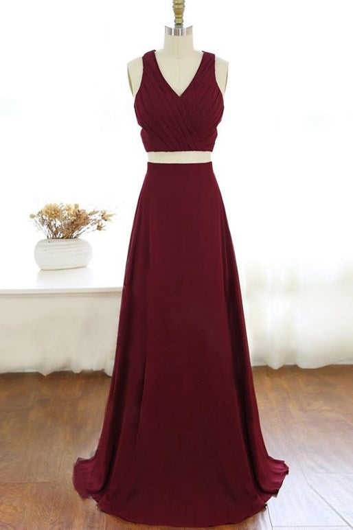 Party Dresses Maxi, Two Piece V Neck Long Burgundy Chiffon Prom Dress Evening Dress