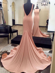 Evening Dresses Cheap, Elegant Backless Meramid Pink Long Evening Dress