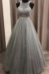 Party Dress Fancy, Gorgeous c A-line Scoop Beaded Long Prom Dresses Evening Gowns