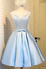 Bridesmaids Dressing Gowns, Blue A Line Princess V Neck Backless Appliques Homecoming Dresses