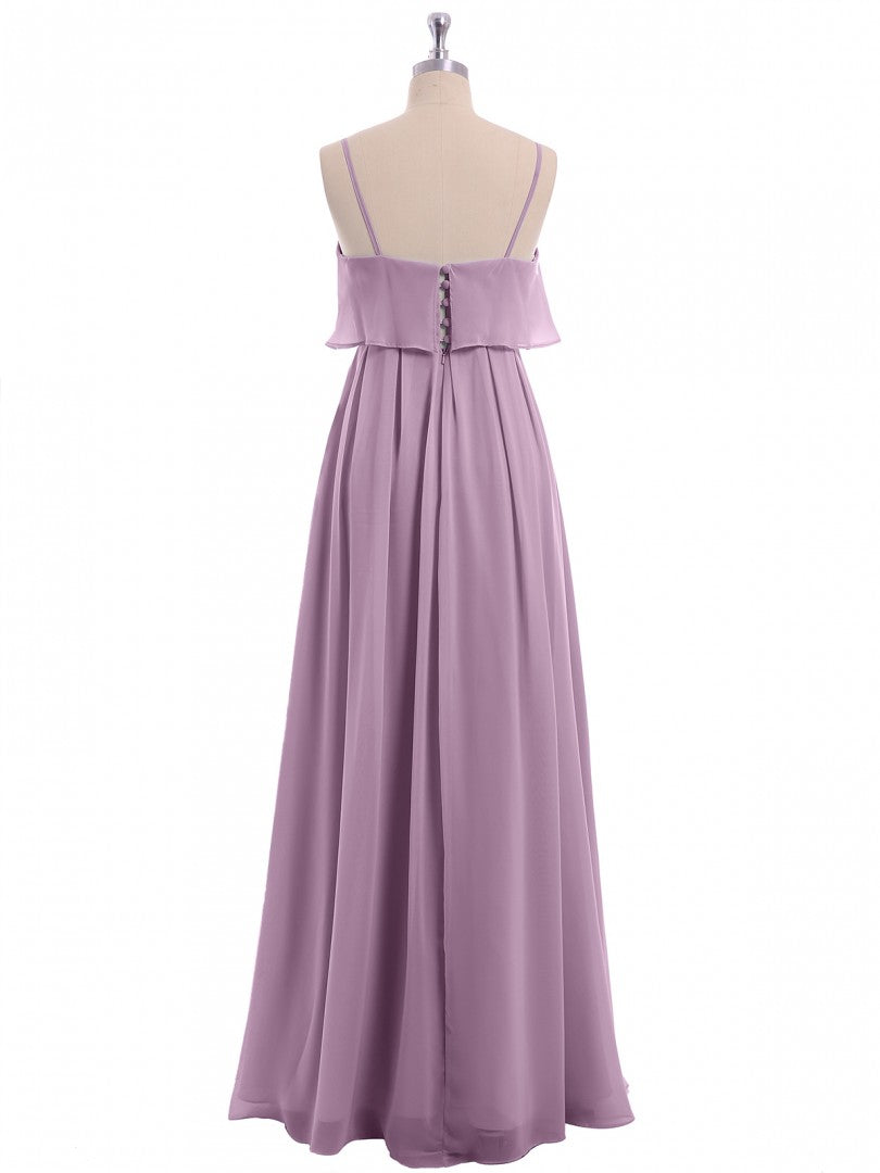 Party Dresses Designs, Lavender Chiffon Spaghetti Straps Ruffled A-Line Long Dress