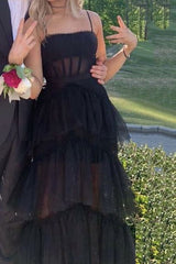 Prom Dress2022, Black Prom Dress, Elegant A-line Layered Tulle Prom Dresses,Sheer Corset Long Evening Dress