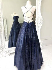 Fairy Dress, Shiny Backless Navy Blue Long Shiny Open Back Navy Blue Long Prom Dresses