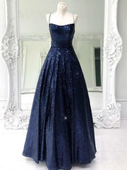 Floral Prom Dress, Shiny Backless Navy Blue Long Shiny Open Back Navy Blue Long Prom Dresses