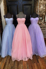 Bridesmaid Dresses Champagne, Shiny Tulle Open Back Pink Lilac Blue Long Prom Dress, Long Pink Lilac Blue Tulle Formal Graduation Evening Dress