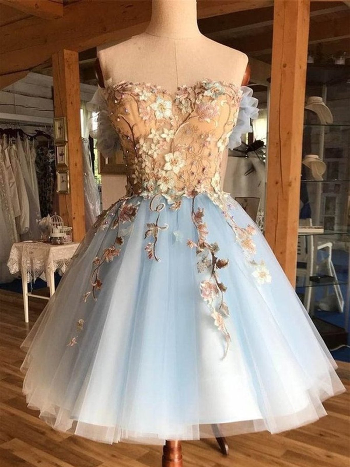 Formal Dress For Beach Wedding, Short Blue Lace Floral Short Blue Lace Floral Homecoming Dresses