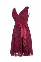 Formal Dresses Lace, Short V Neck Burgundy Lace Bridesmaid Dress with Sash