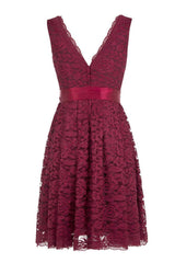Formal Dress Gown, Short V Neck Burgundy Lace Bridesmaid Dress with Sash