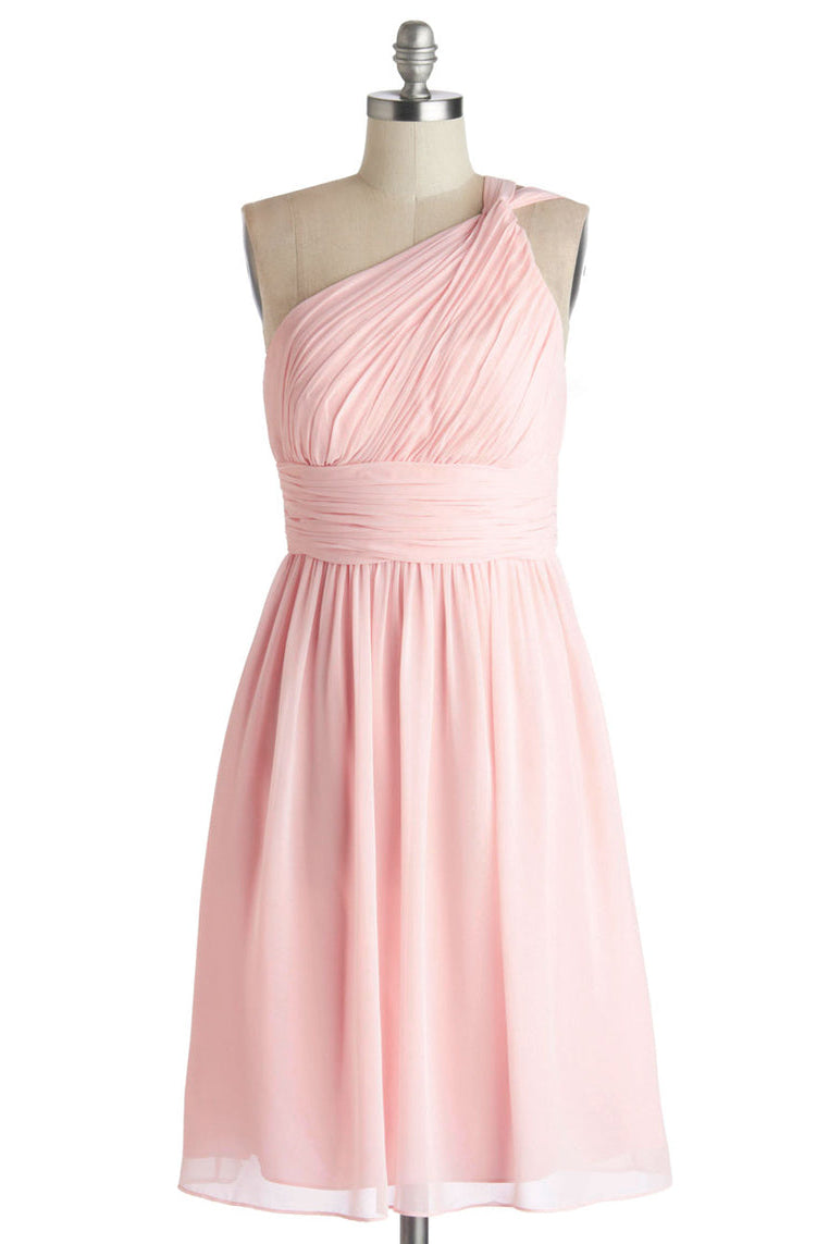 Classy Outfit Women, Simple A-Line One Shoulder Short Pink Chiffon Bridesmaid Dress