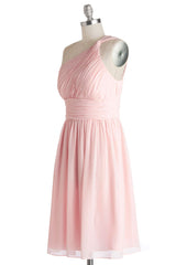 Black Lace Dress, Simple A-Line One Shoulder Short Pink Chiffon Bridesmaid Dress