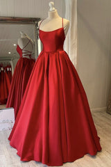 Bridesmaids Dress Inspiration, Simple Backless Red Satin Long Prom Dress, Open Back Formal Dresses, Red Evening Gown