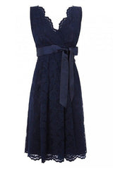 Design Dress Casual, Simple V Neck Short Lace Navy Blue Bridesmaid Dress with Sash