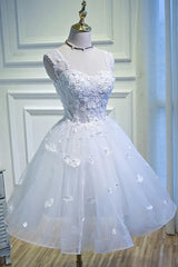 Formal Dresses Style, Simple Sweetheart White Lace Up Beads Lace Appliques Tulle Straps Homecoming Dresses