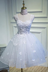 Formal Dressing Style, Simple Sweetheart White Lace Up Beads Lace Appliques Tulle Straps Homecoming Dresses