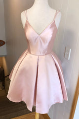 Formal Dress Store Near Me, Simple V Neck Straps Short Pink Homecoming Dress, Backless Satin Sweet 16 Dresses