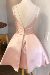 Formal Dress Stores Near Me, Simple V Neck Straps Short Pink Homecoming Dress, Backless Satin Sweet 16 Dresses