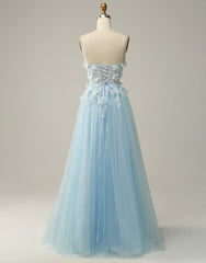 Bridesmaid Dress Styles, Sky Blue A-Line Spaghetti Straps Tulle Prom Dress With 3D Appliques